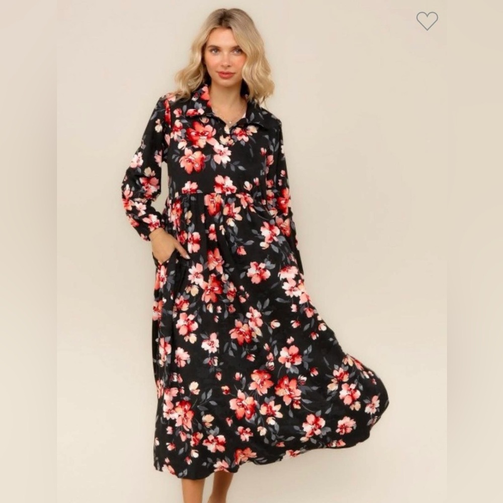Collared Notch Neck Floral Maxi Dress